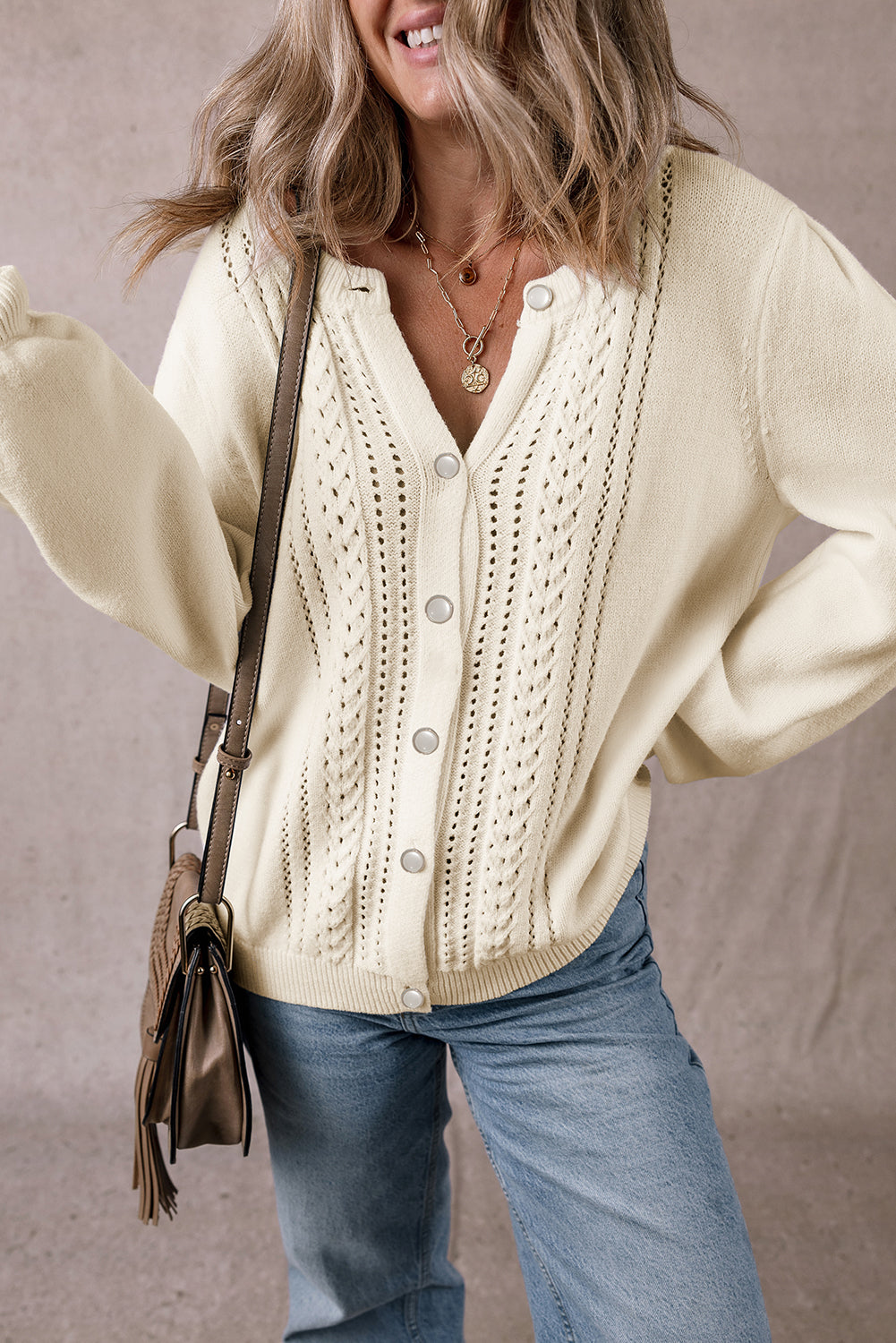 Apricot Pleated Sleeve Hollow Detail Button Sweater Cardigan