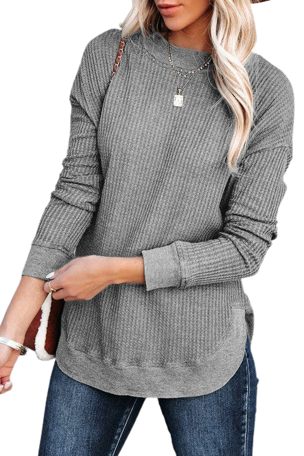 Gray Crew Neck Ribbed Trim Waffle Knit Top