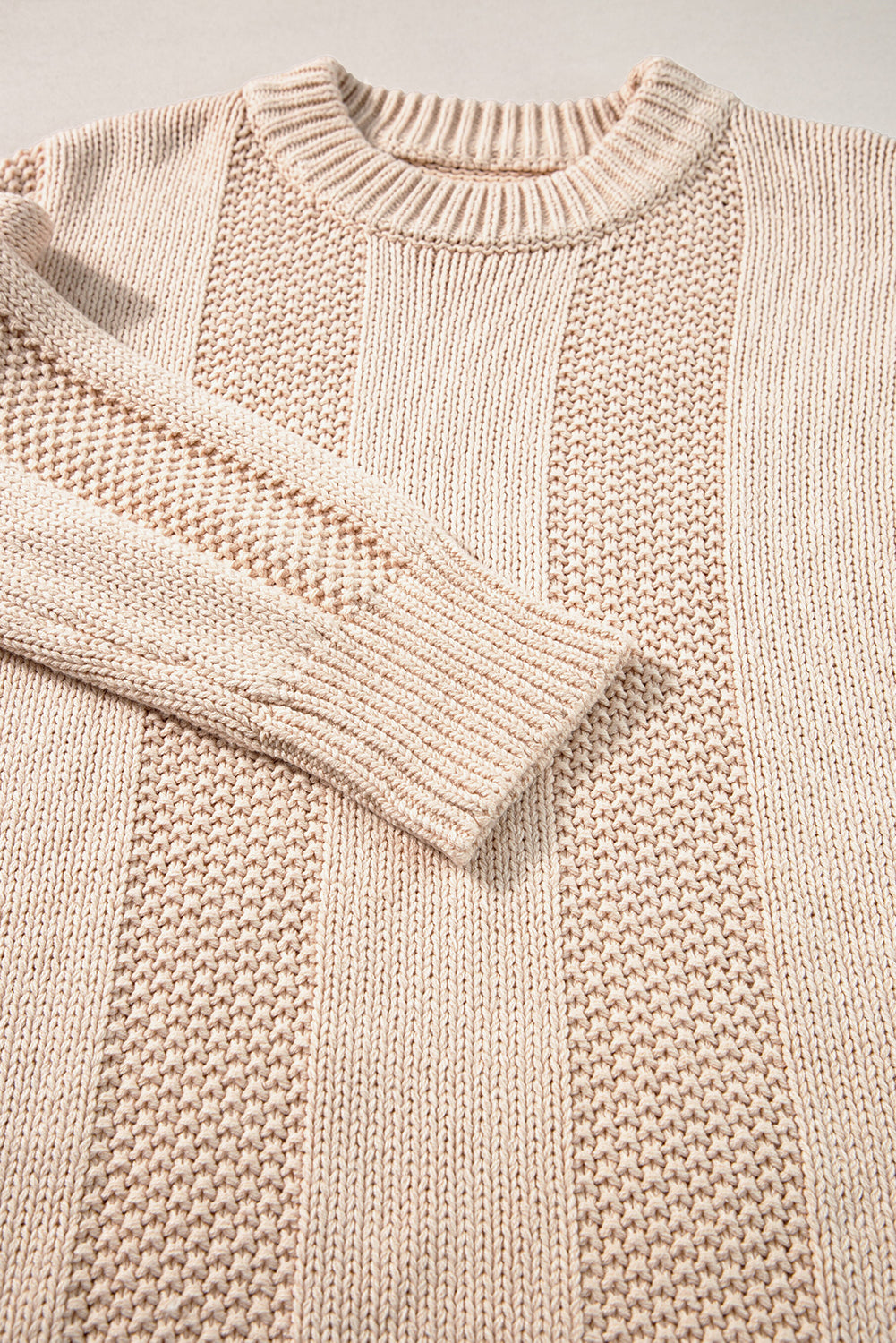 Pale Khaki Solid Color Cable Knit Ribbed Loose Sweater