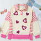 Pink Stripe Patchwork Sequin Heart Pattern Long Sleeve Collared Split Top