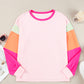 Pink Colorblock Patchwork Long Sleeve Loose Top