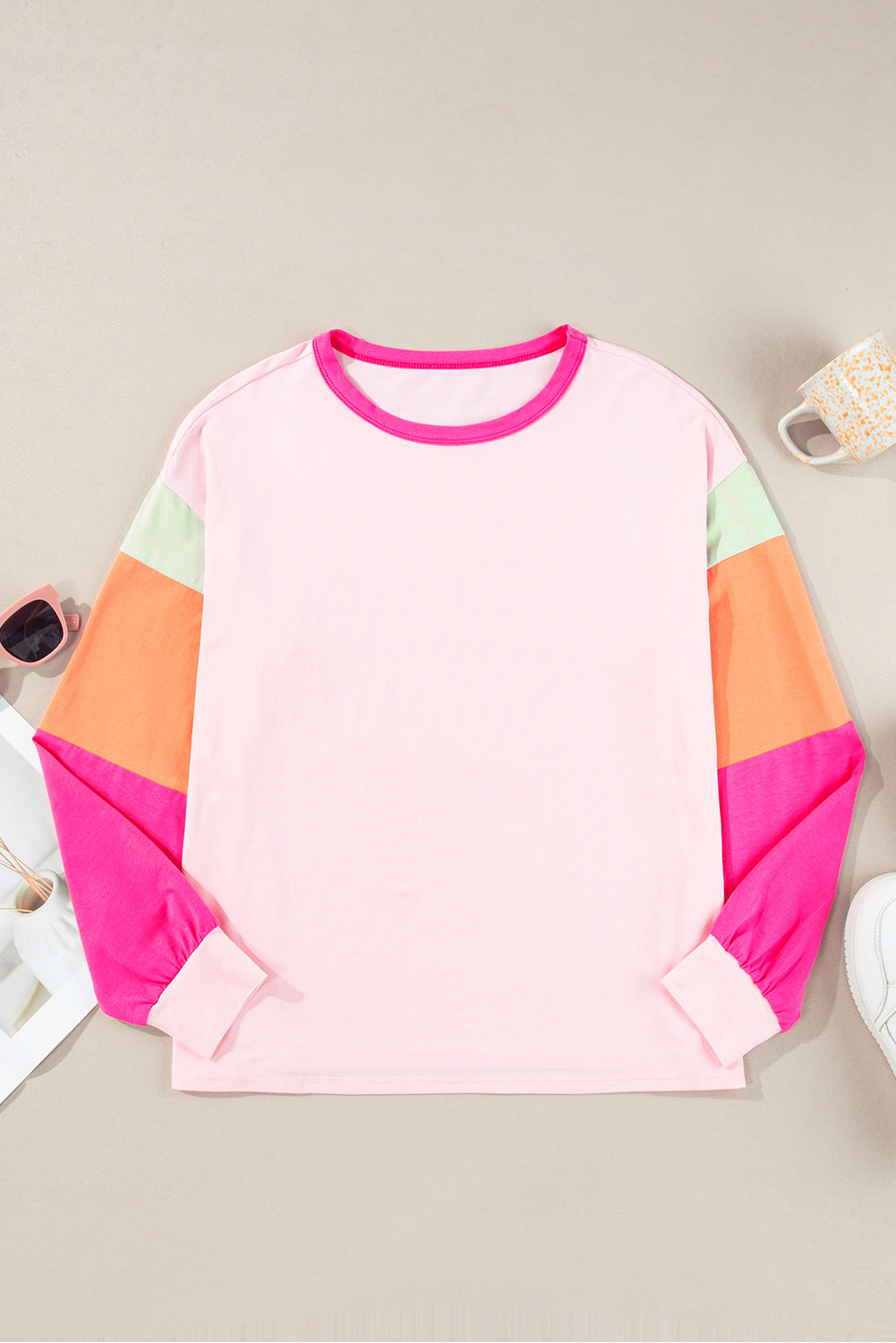 Pink Colorblock Patchwork Long Sleeve Loose Top