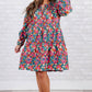 Sky Blue Plus Size Floral Print Shirred Ruffle Tiered Mini Dress