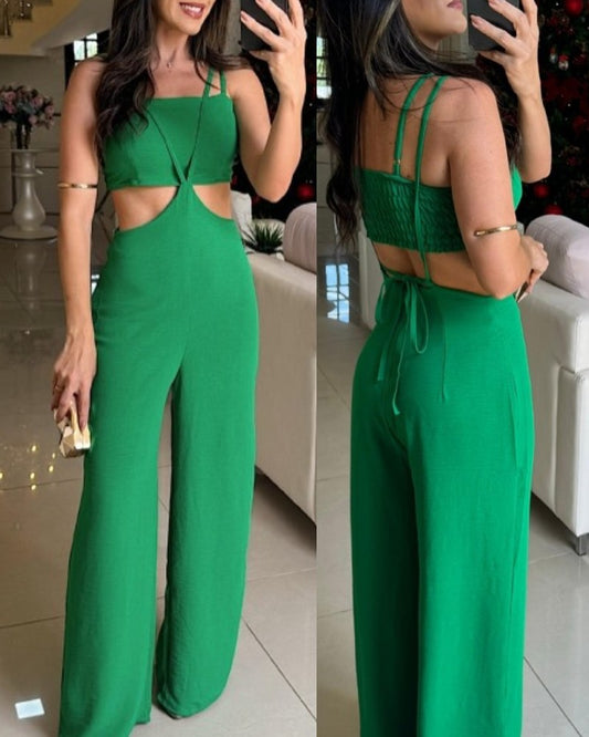 Bandeau Halter Waist Hollow out Jumpsuit Sexy Sleeveless Wide Leg Romper