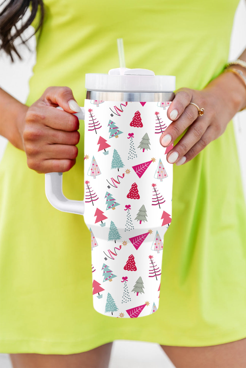 White Cartoon Christmas Tree Printed Thermos Cup 40oz