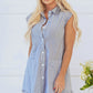 Blue Stripe Frilled Sleeveless Collar Front Pocket Button Up Mini Dress