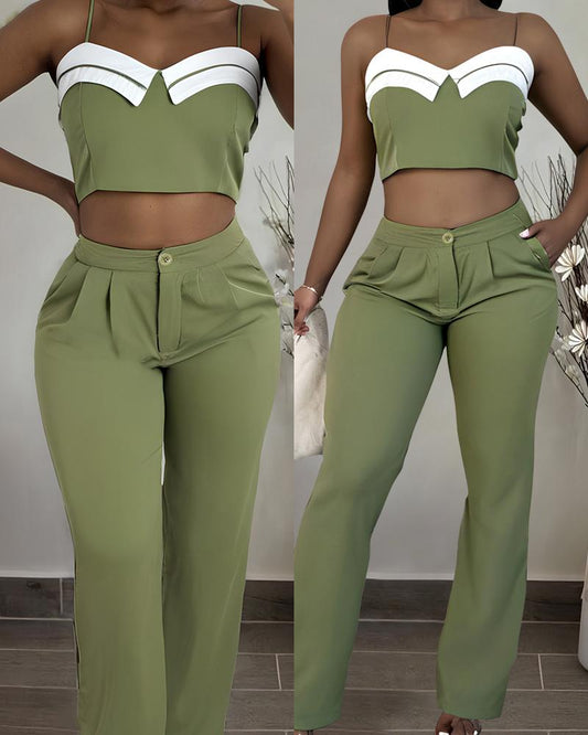 Crop Cami Top & Ruched Pocket Design Pants Set