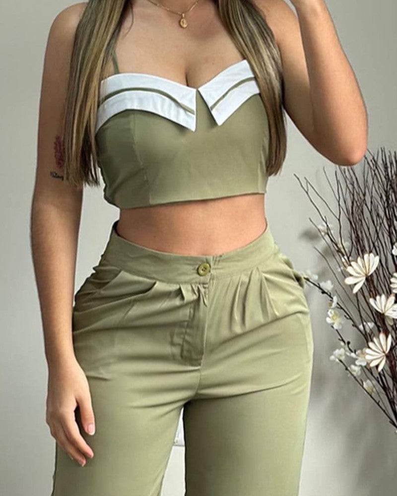 Crop Cami Top & Ruched Pocket Design Pants Set