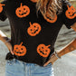 Black Glittering Pumpkin Face Graphic Crewneck Halloween T Shirt