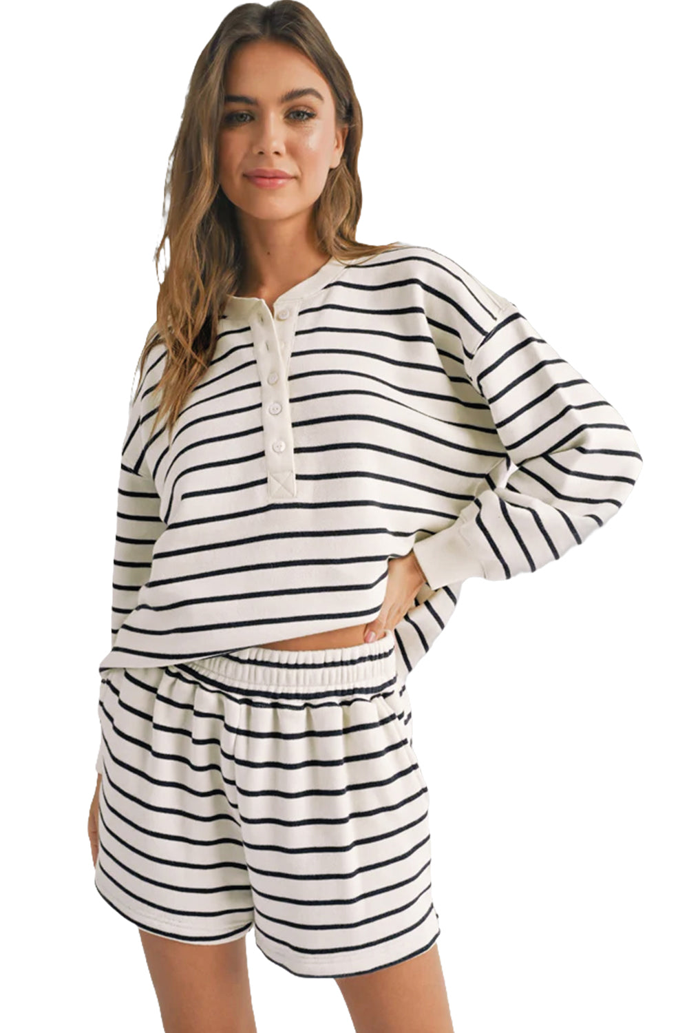 Black white Stripes Printed Half Button Long Sleeve Top and Shorts Set