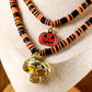 Russet Orange Skull Pumpkin Face Pendant Layered Beaded Halloween Necklace