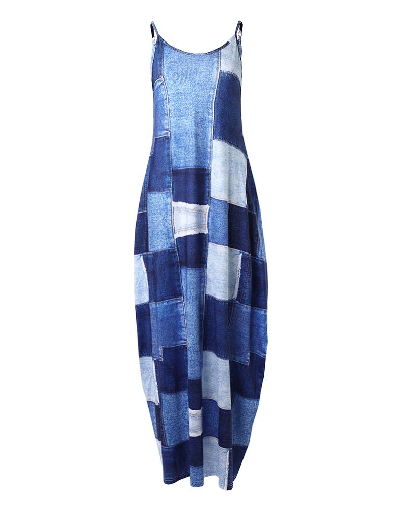 Denim Look Print Spaghetti Strap Casual Dress