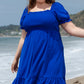 Dark Blue Shirred Ruffled Square Neck Plus Size Mini Dress