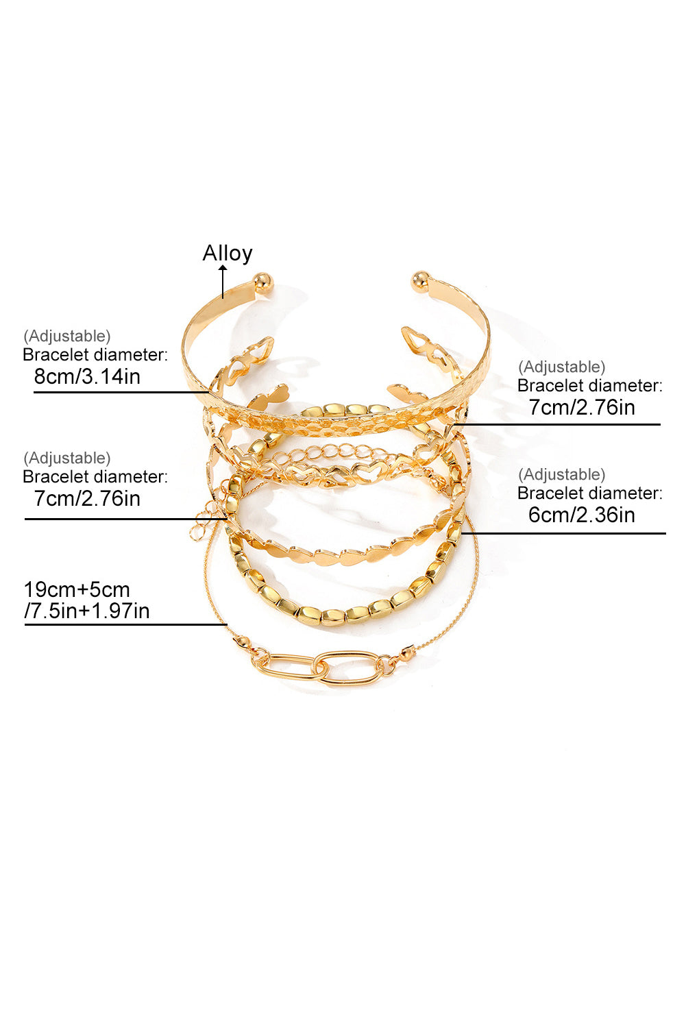 Gold Heart Plated Multi Layer Open Cuff Bracelet Set