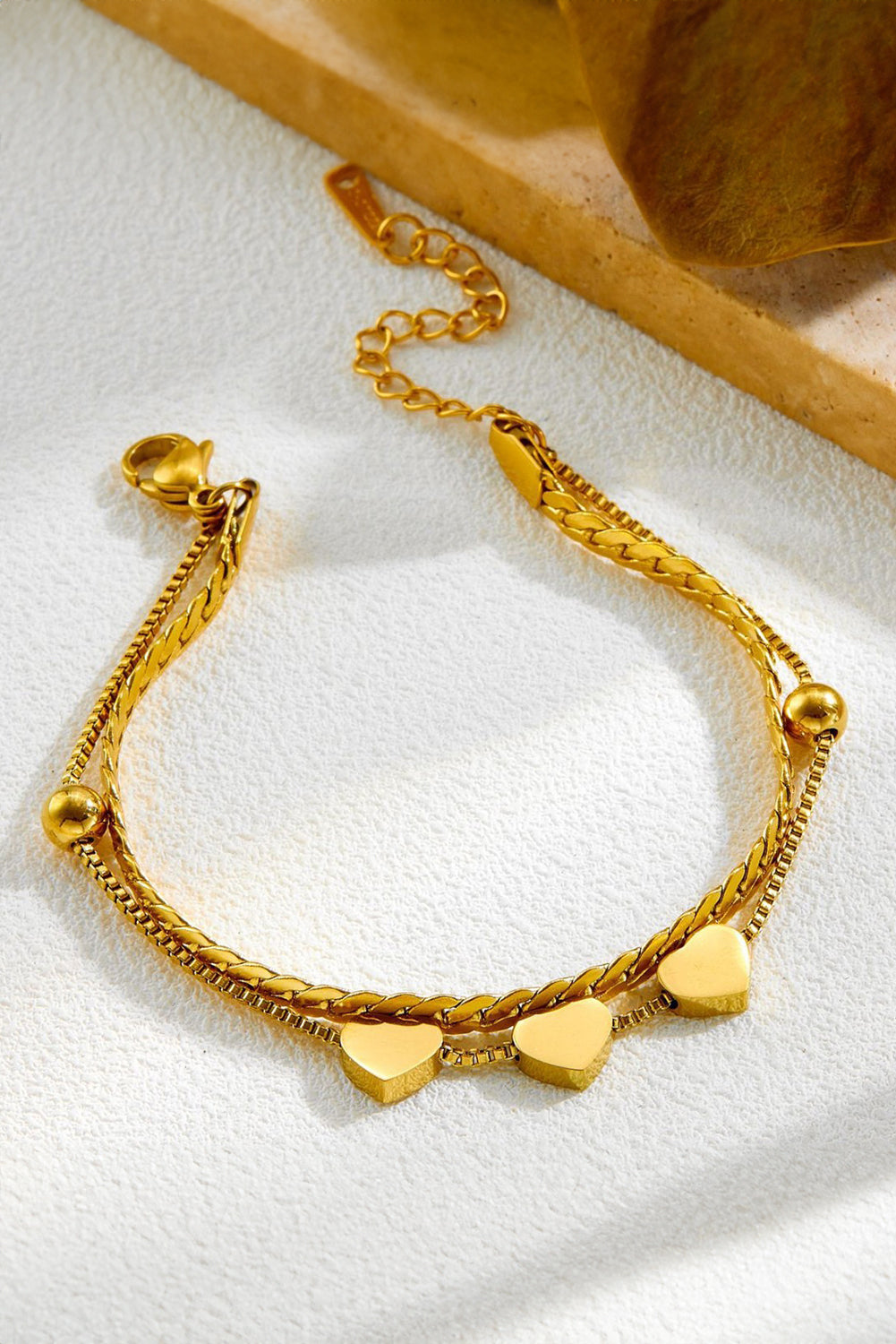 Gold Triple Heart Double Layer Adjustable Chain Bracelet