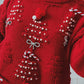 Racing Red Rhinestone Bow Pearl Decor Christmas Tree Round Neck Sweater