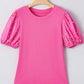 Bright Pink Ribbed Pearl Beaded Puff Sleeve Top