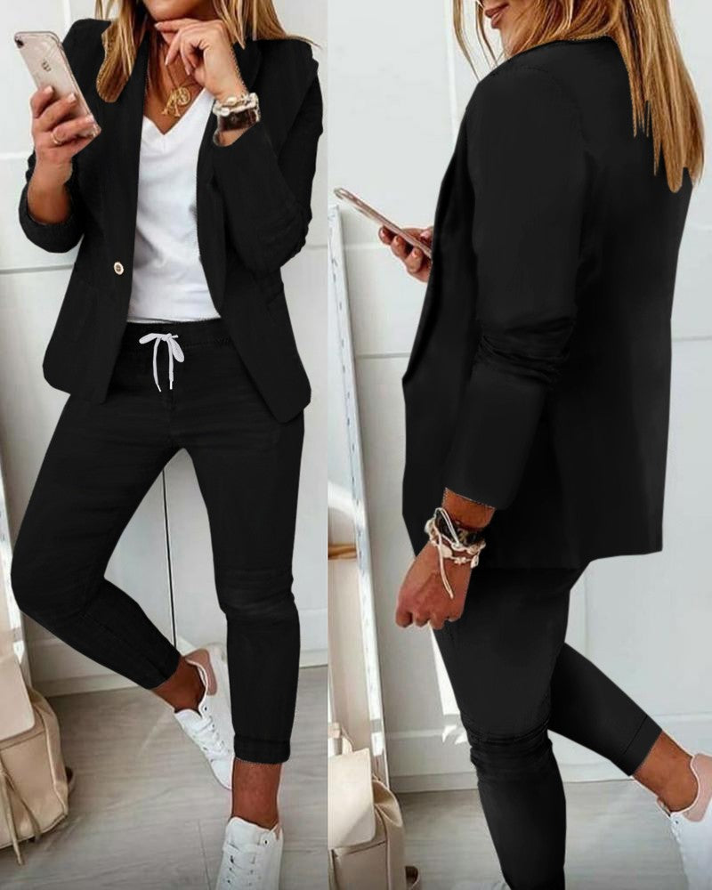 2 Piece Lapel Neck Blazer Coat & Drawstring Pants Set