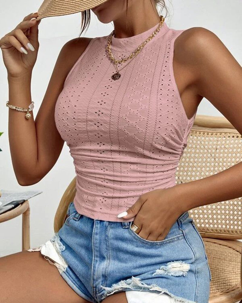 Eyelet Embroidery Textured Ruched Tank Top