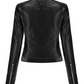 Black Faux Leather Snap Button Stand Neck Zipped Pocket Jacket