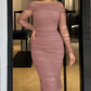 Off Shoulder Sheer Mesh Bodycon Dress Long Sleeve Ruched Midi Party Dress