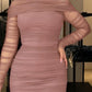 Off Shoulder Sheer Mesh Bodycon Dress Long Sleeve Ruched Midi Party Dress