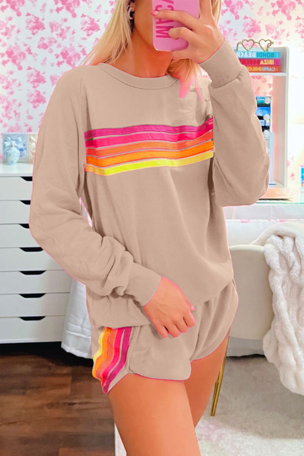 Apricot Striped Accent Pullover and Shorts Two Piece Casual Set