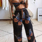 Butterfly Geometric Print Twisted Crop Top & Pocket Design Pants Set