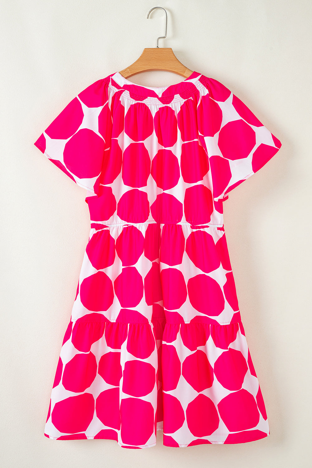 Rose Polka Dot Flutter Sleeve Notched Neck Tiered Flowy Dress