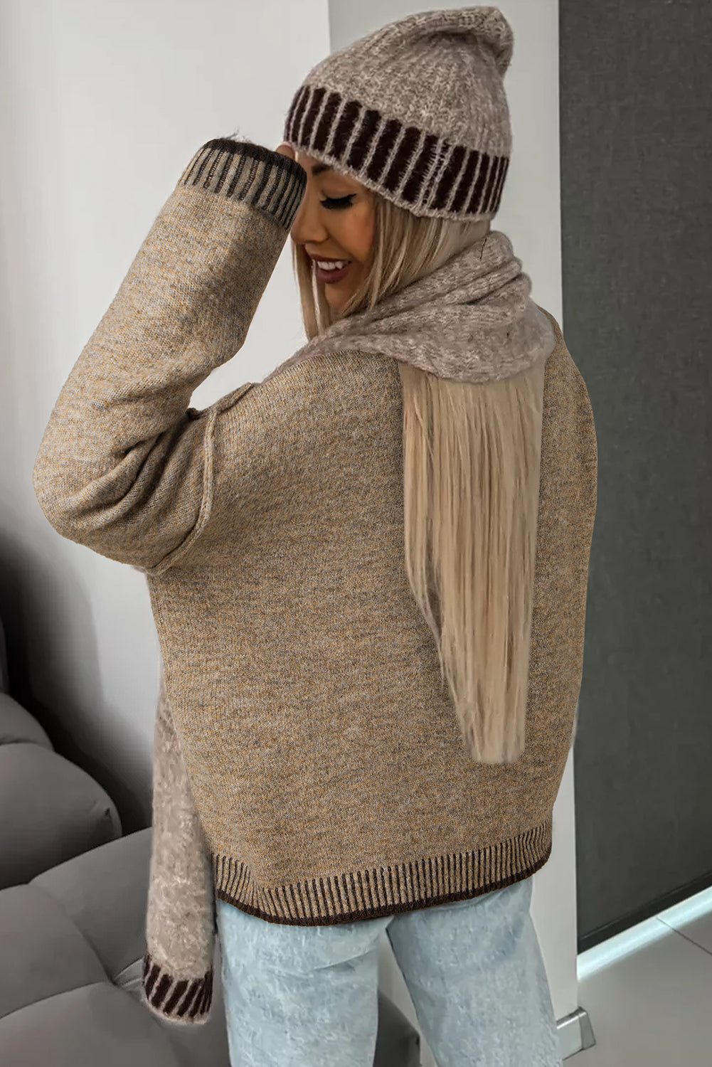 Pale Khaki Contrast Trim Mock Neck Drop Shoulder Sweater