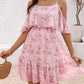 Glitter Lurex Floral Print Cold Shoulder Spaghetti Strap Ruffles Layered Dress Sweet Dress