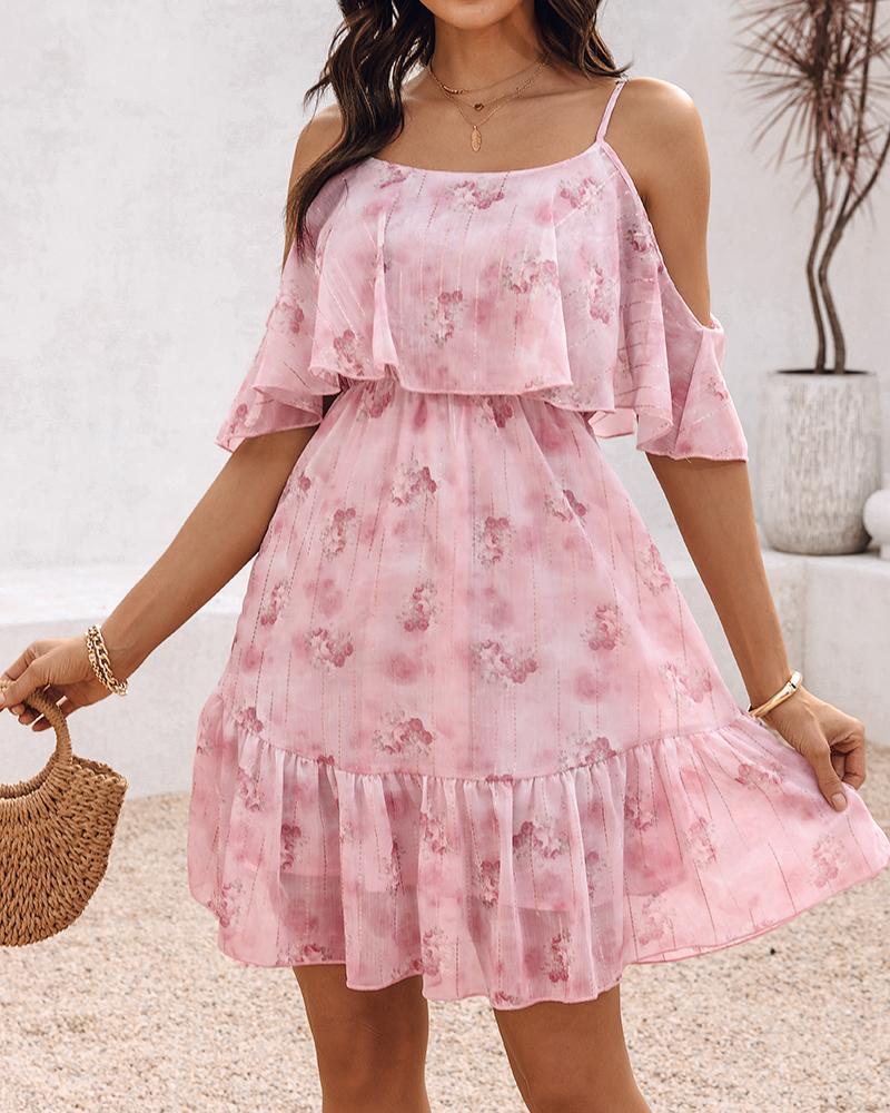 Glitter Lurex Floral Print Cold Shoulder Spaghetti Strap Ruffles Layered Dress Sweet Dress