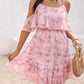 Glitter Lurex Floral Print Cold Shoulder Spaghetti Strap Ruffles Layered Dress Sweet Dress