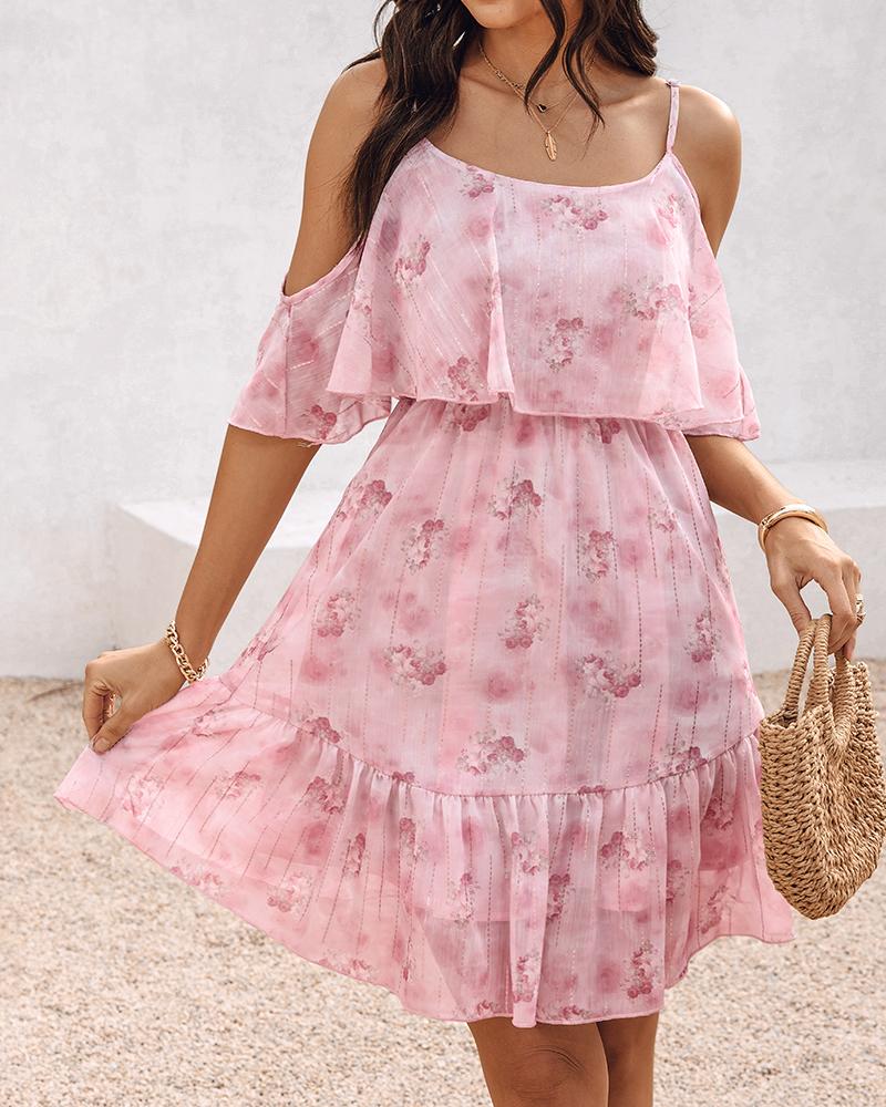 Glitter Lurex Floral Print Cold Shoulder Spaghetti Strap Ruffles Layered Dress Sweet Dress