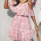 Glitter Lurex Floral Print Cold Shoulder Spaghetti Strap Ruffles Layered Dress Sweet Dress