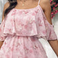 Glitter Lurex Floral Print Cold Shoulder Spaghetti Strap Ruffles Layered Dress Sweet Dress