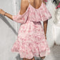 Glitter Lurex Floral Print Cold Shoulder Spaghetti Strap Ruffles Layered Dress Sweet Dress