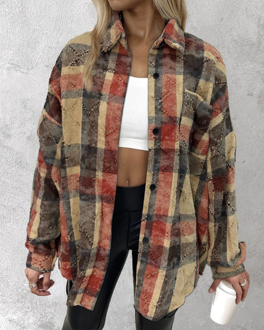 Plaid Pattern Long Sleeve Shacket Distressed Button Down Shirt