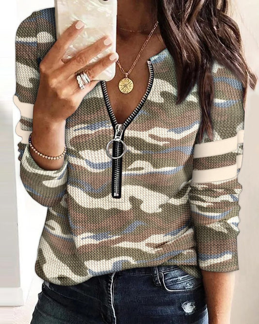 Waffle Knit Camouflage Print Round Neck Long Sleeve Front Zipper Tee Casual Top