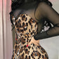 Leopard Print Contrast Sequin Mock Neck Long Sleeve Bodycon Dress Sheer Mesh See Through Sexy Mini Dress