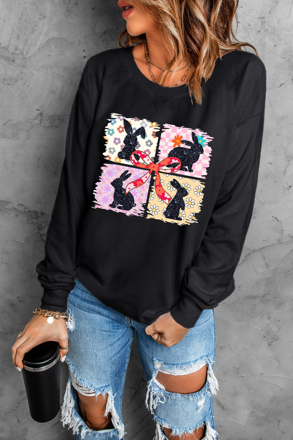 Black Floral Bunny Plaid Bow Graphic Easter Fashion Sweatshirt