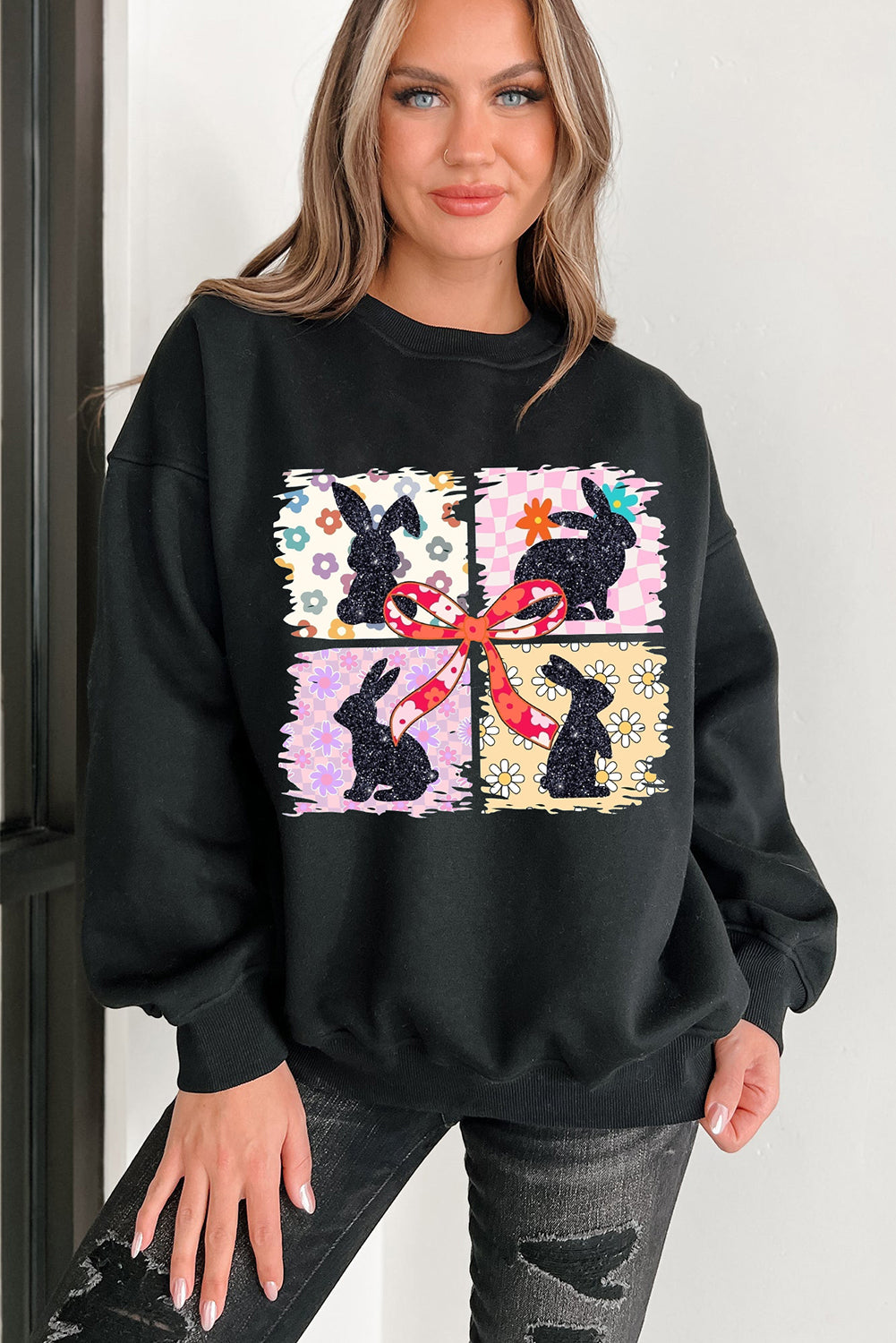 Black Floral Bunny Plaid Bow Graphic Easter Fashion Sweatshirt