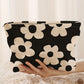 Black Colorful Flower Printed Rib Textured Cosmetic Bag