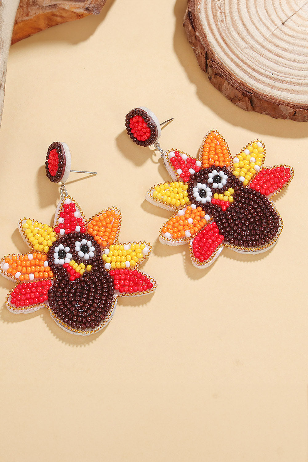 Cinnamon Beaded Turkey Thanksgiving Holiday Earrings