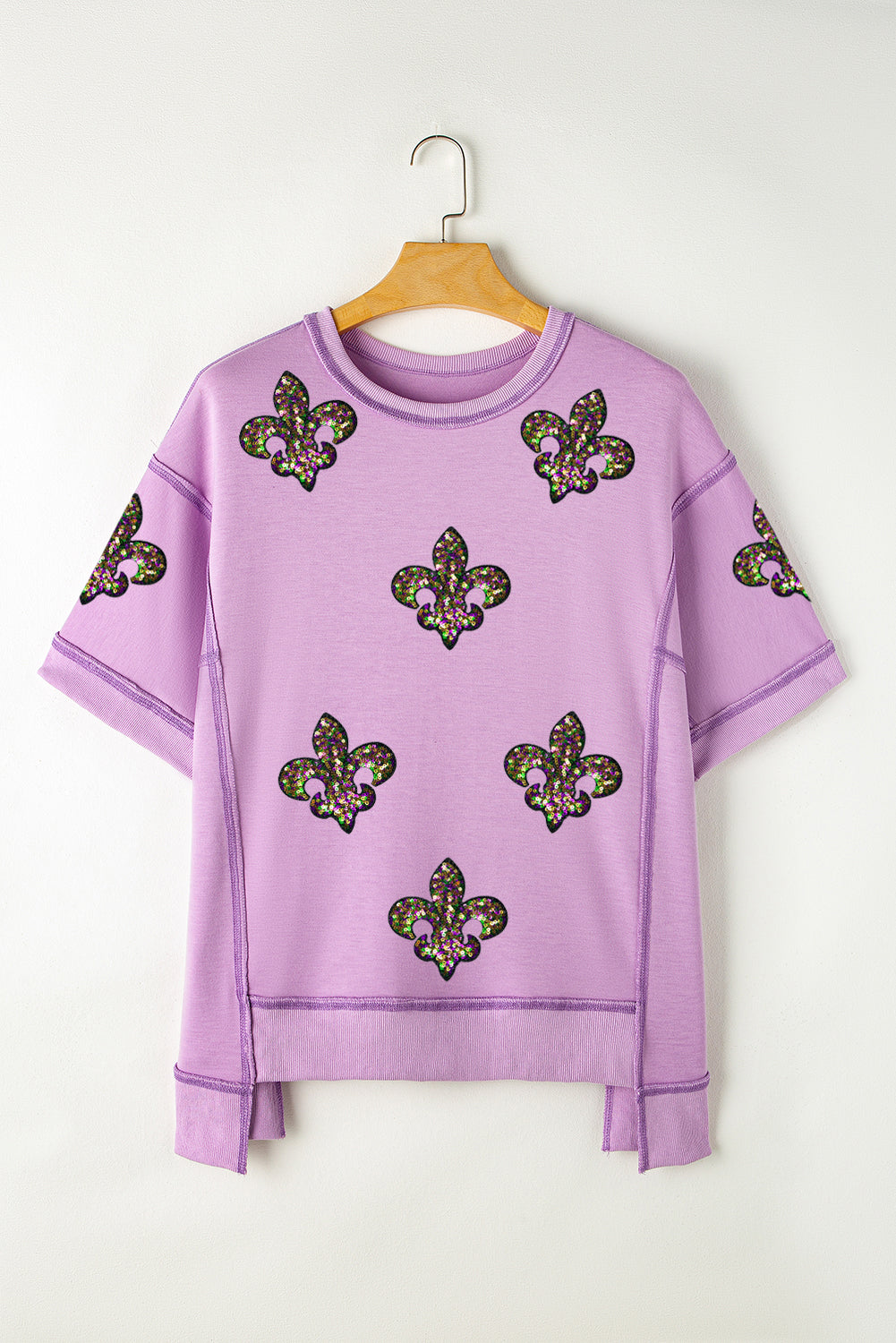 Orchid Petal Sequin Fleur De Lis Patched Exposed Seam Oversize Top