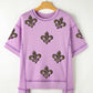 Orchid Petal Sequin Fleur De Lis Patched Exposed Seam Oversize Top