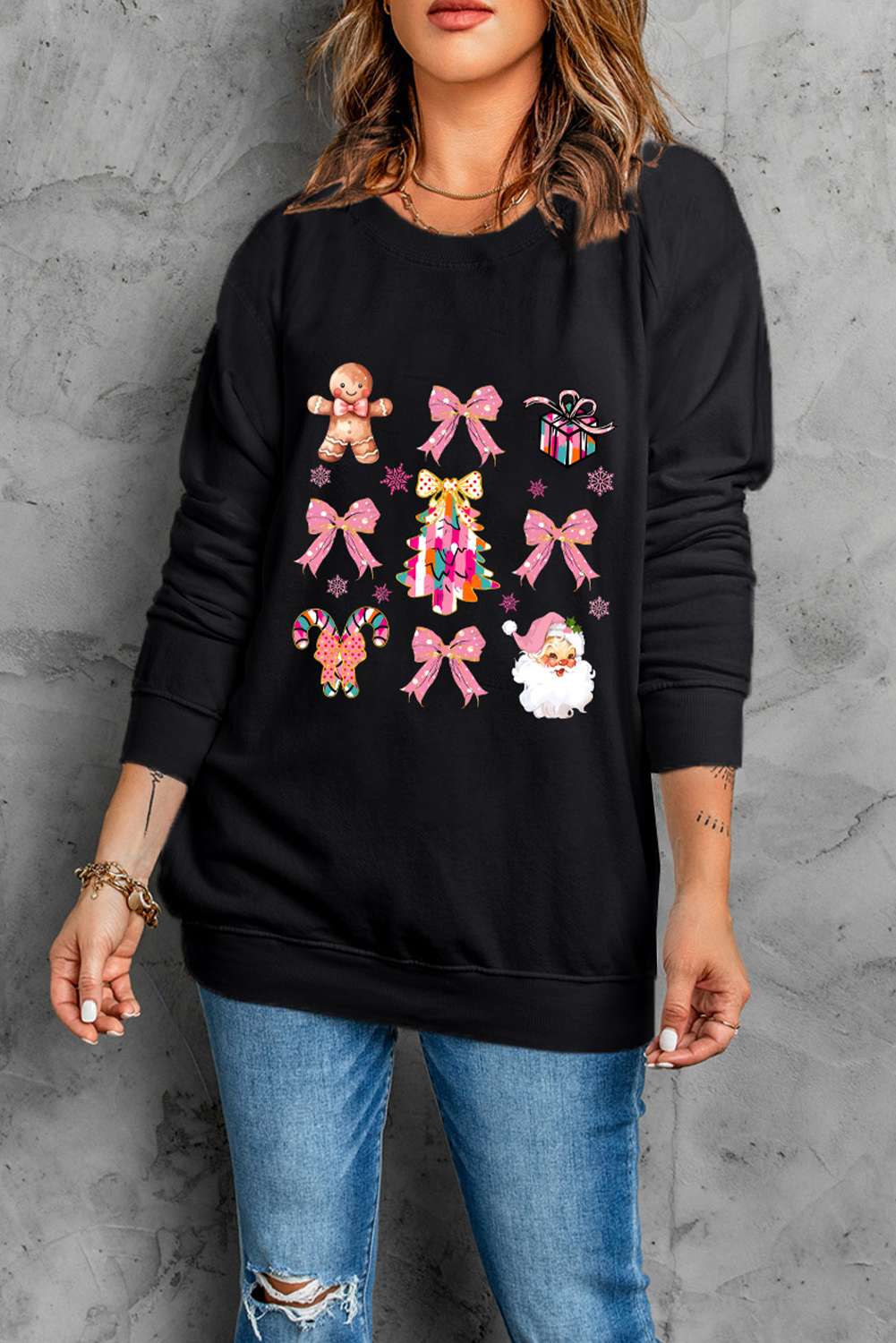 Black Christmas Fashion Print Dropped Shoulder Sweatshirt