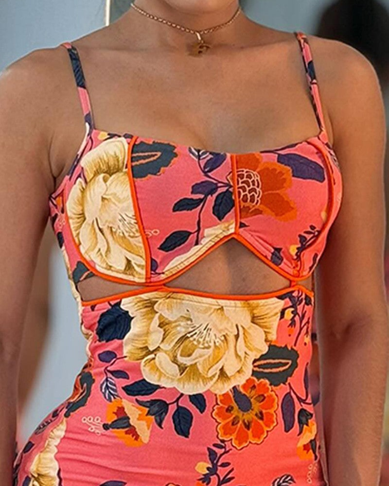 Floral Print Cutout Spaghetti Strap Bodycon Dress