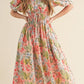 Apricot Pink Floral Smocked Bust Bubble Short Sleeve Maxi Dress