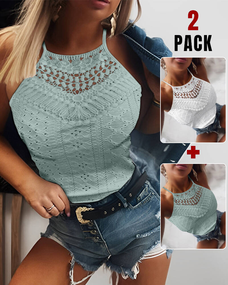 2 Pieces Halter Lace Up Water Soluble Lace Trim Sleeveless Tank Jacquard Casual Slim Fit Knit Top